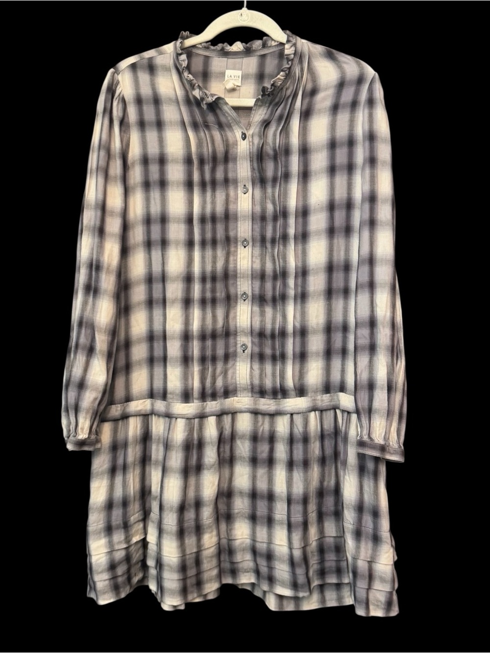 La Vie Rebecca Taylor Gray Plaid Drop Waist Ruffle Shirt Dress Size L